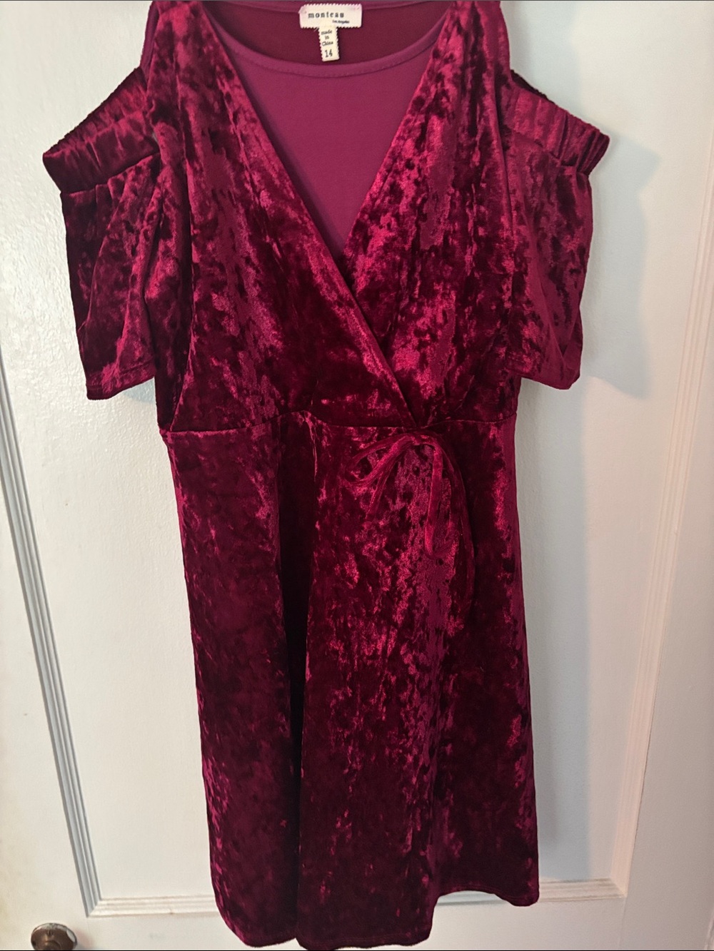 Girls Monteau Crushed Velvet Wrap Midi Dress in Burgundy